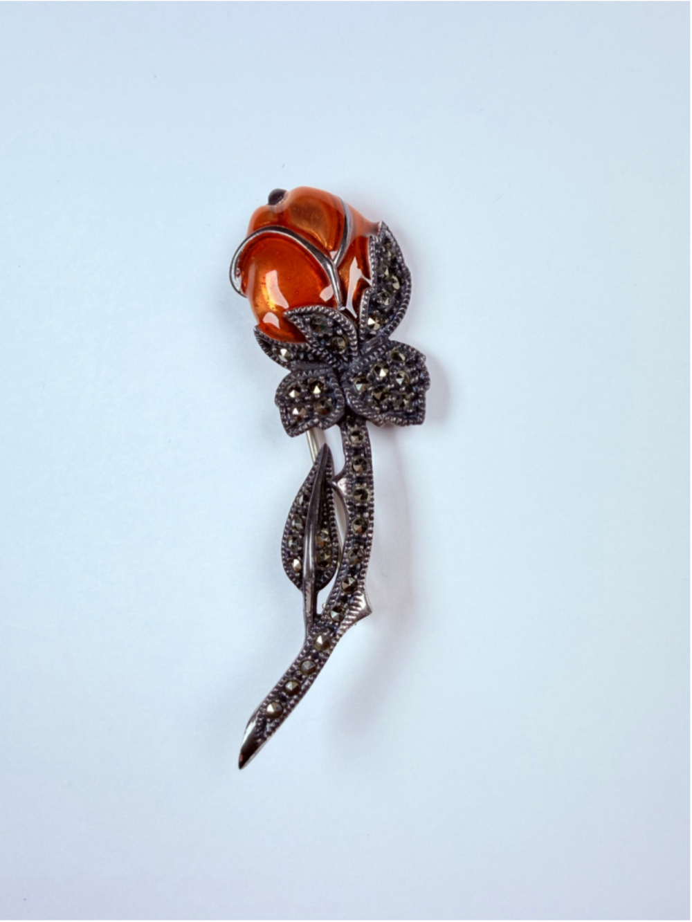 Judith Jack Floral Rose Enamel Marcasite 925 Sterling Silver Pin Brooch 2"